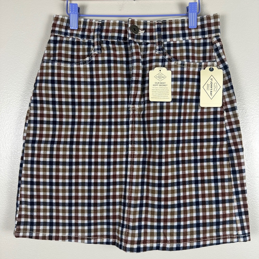 St. John's Bay Women's 2 Mini Skirt Brown Navy Plaid Corduroy 5-Pocket NEW